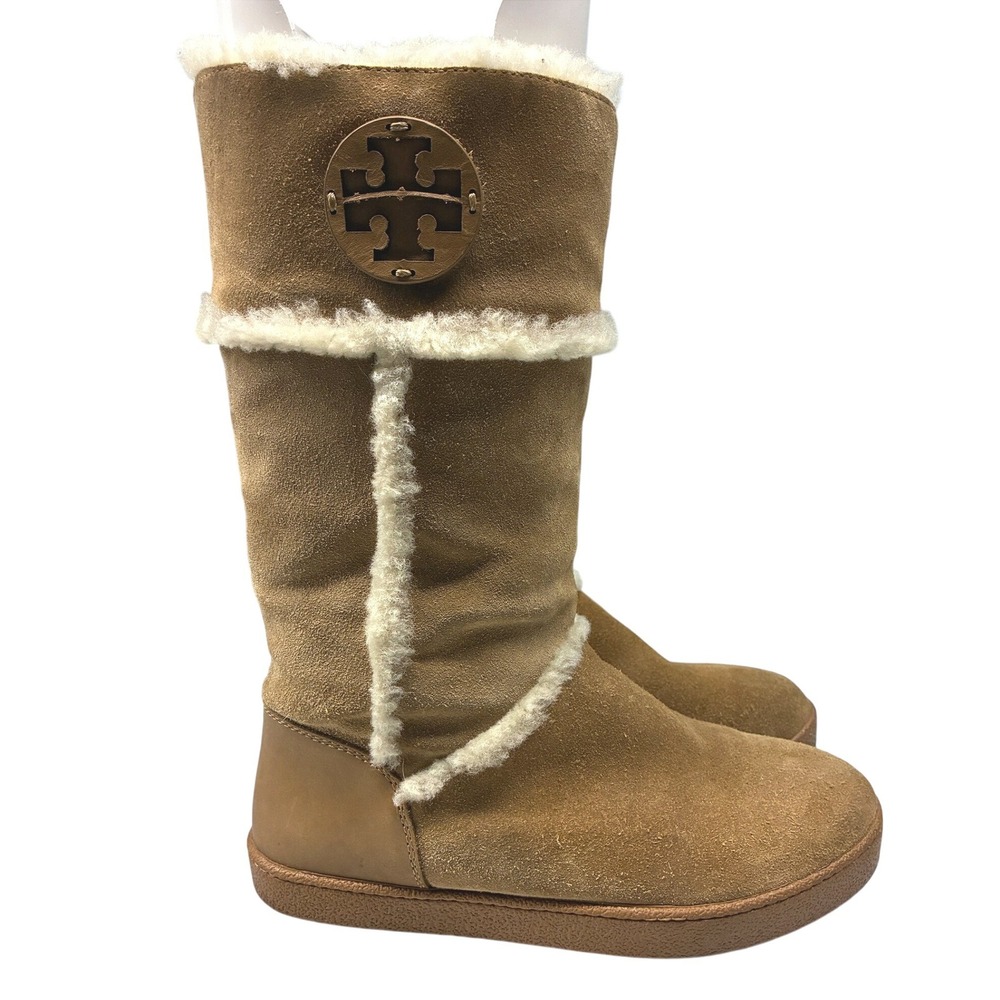 Tory Burch Shearling Tall Boots Womens 7 Brown Suede Winter Warm Cozy Pull On